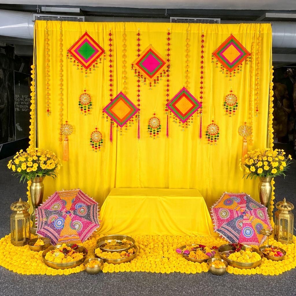Haldi decoration in Hyderabad with a yellow drape backdrop, Telugu kite hangings, marigold garlands and brass thalis